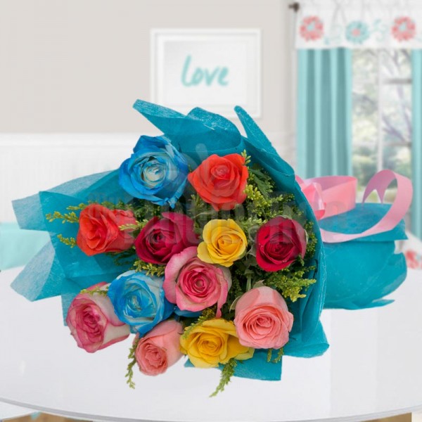 12 Colourful Roses in Paper Packing